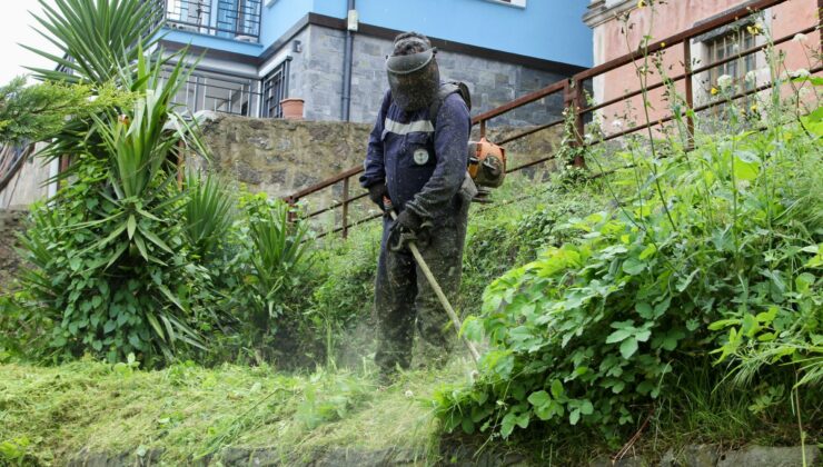 Giresun Belediye ekipleri okul bahçelerinde ot biçme çalışması yaptı